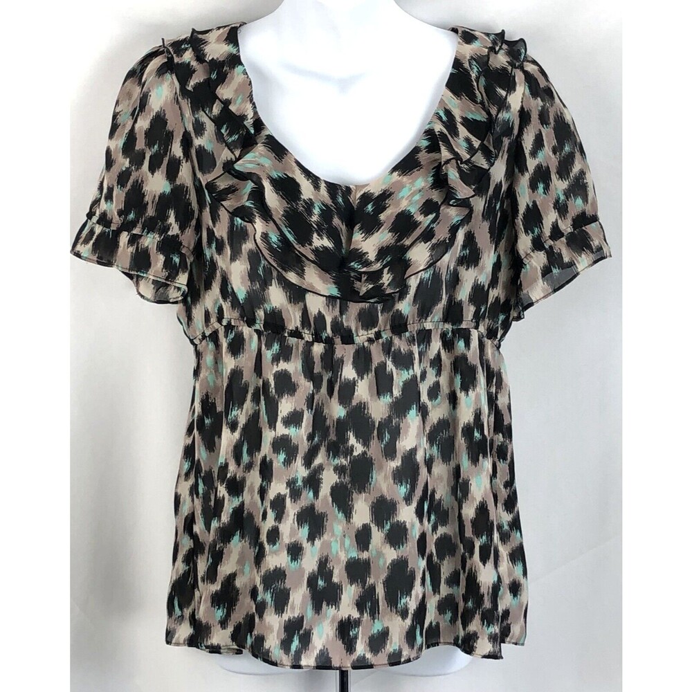 Vintage chiffon top M leopard ruffles scoop empire BabyDoll Retro 90s Y2K Glam